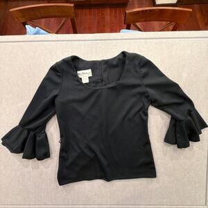 Vintage Miss Shaheen Black Ruffle Sleeve Blouse Size 14 USA Made Alfred Shaheen